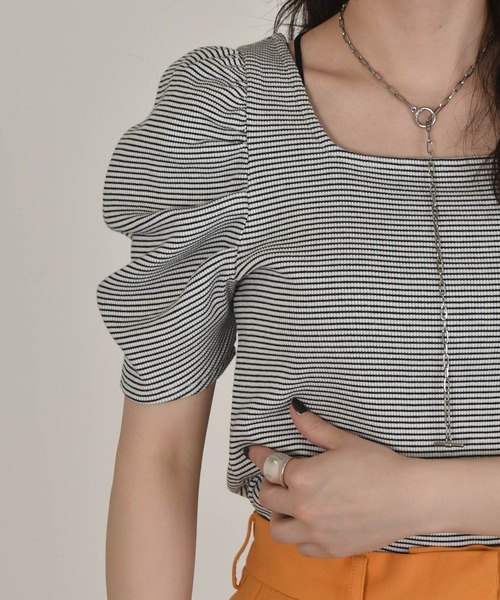 w closet（ダブルクローゼット）の「細ボーダーボリューム袖テレコプルオーバー（Tシャツ/カットソー・レディース・ホワイト×ブラック/ピンク系その他/サックスブルー/ライトパープル/ブラウン・FREE）」の12枚目の写真