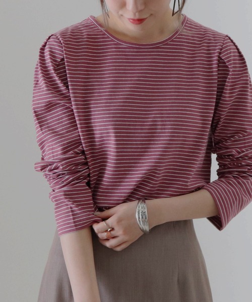 Cheek（チーク）の「細ボーダーパワショルＴＯＰＳ（Tシャツ/カットソー・レディース・チャコールグレー/アイボリー/ローズ・FREE）」の3枚目の写真