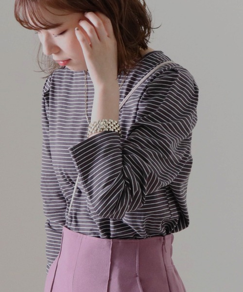 Cheek（チーク）の「細ボーダーパワショルＴＯＰＳ（Tシャツ/カットソー・レディース・チャコールグレー/アイボリー/ローズ・FREE）」の2枚目の写真