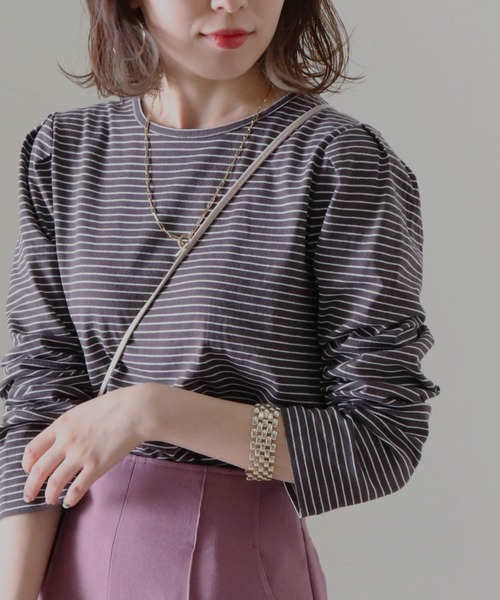 Cheek（チーク）の「細ボーダーパワショルＴＯＰＳ（Tシャツ/カットソー・レディース・チャコールグレー/アイボリー/ローズ・FREE）」の10枚目の写真