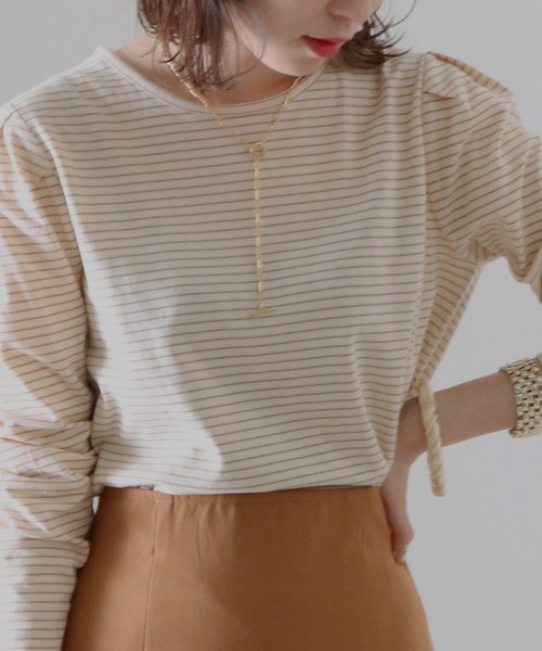 Cheek（チーク）の「細ボーダーパワショルＴＯＰＳ（Tシャツ/カットソー・レディース・チャコールグレー/アイボリー/ローズ・FREE）」の12枚目の写真