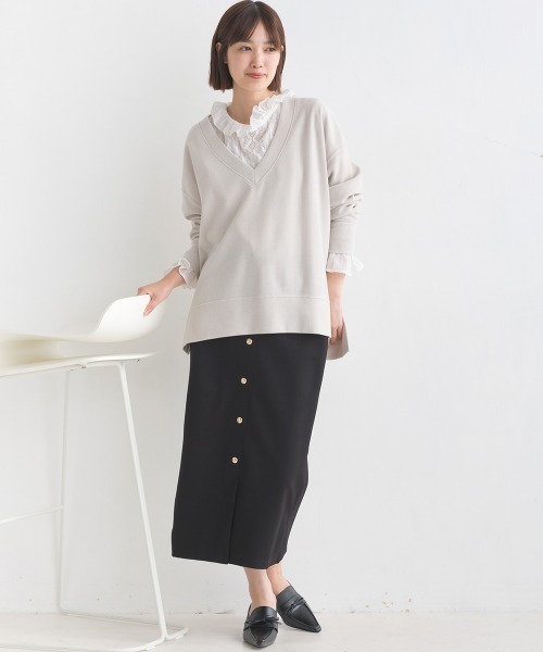 OMNES(オムネス)の「ウールタッチリブニットソー深Vネックプルオーバー(ニット/セーター・レディース・ベージュ/グレー系その他/チャコール・FREE)」の12枚目の写真