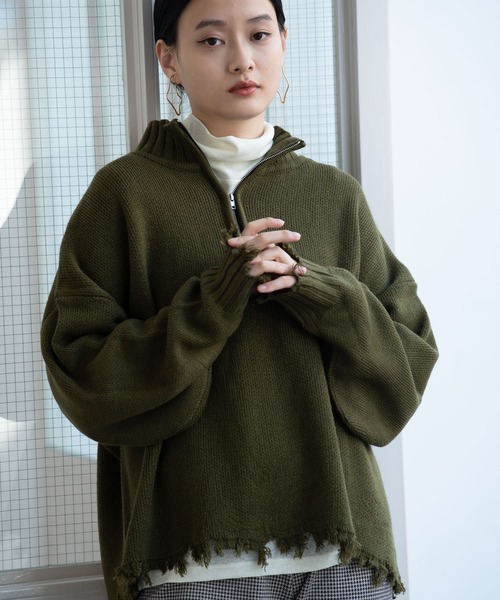Happy John(ハッピージョン)の「damage hizip knit/ダメージハイジップニット(ニット/セーター・レディース・ブラック/グリーン/ナチュラル・FREE)」の3枚目の写真