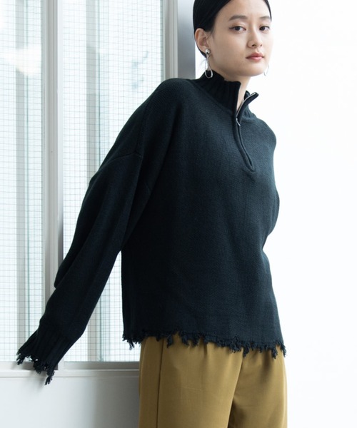 Happy John(ハッピージョン)の「damage hizip knit/ダメージハイジップニット(ニット/セーター・レディース・ブラック/グリーン/ナチュラル・FREE)」の1枚目の写真