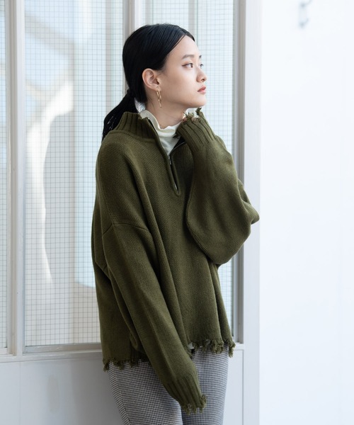 Happy John(ハッピージョン)の「damage hizip knit/ダメージハイジップニット(ニット/セーター・レディース・ブラック/グリーン/ナチュラル・FREE)」の13枚目の写真