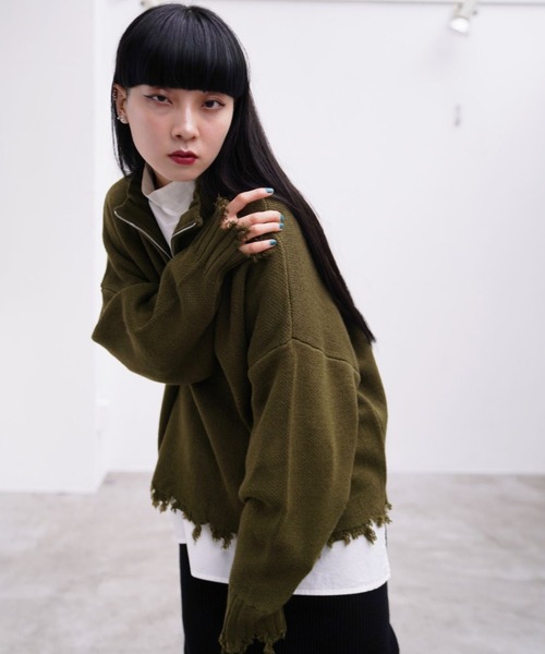 Happy John(ハッピージョン)の「damage hizip knit/ダメージハイジップニット(ニット/セーター・レディース・ブラック/グリーン/ナチュラル・FREE)」の9枚目の写真