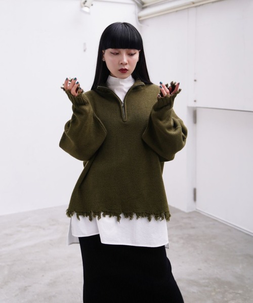 Happy John(ハッピージョン)の「damage hizip knit/ダメージハイジップニット(ニット/セーター・レディース・ブラック/グリーン/ナチュラル・FREE)」の16枚目の写真