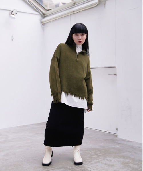 Happy John(ハッピージョン)の「damage hizip knit/ダメージハイジップニット(ニット/セーター・レディース・ブラック/グリーン/ナチュラル・FREE)」の10枚目の写真