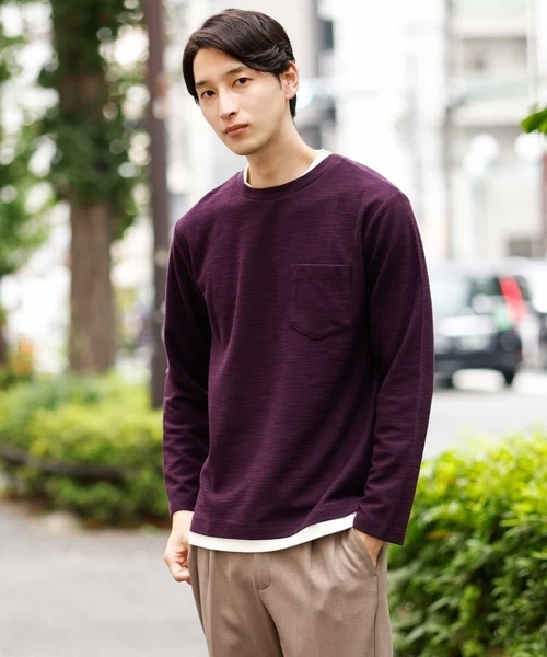 a.v.v（アーヴェヴェ）の「【一枚でもおしゃれ見え】フェイクレイヤードカットソー（Tシャツ/カットソー・メンズ・チャコールグレー/グリーン/ボルドー・46/50/44/48）」の22枚目の写真