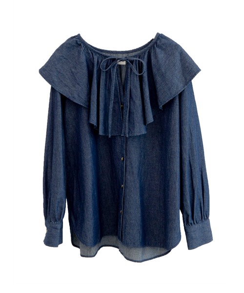 Green　Parks（グリーンパークス）の「デニムラッフル衿ブラウス＊（シャツ/ブラウス・レディース・インディゴブルー・FREE）」の7枚目の写真