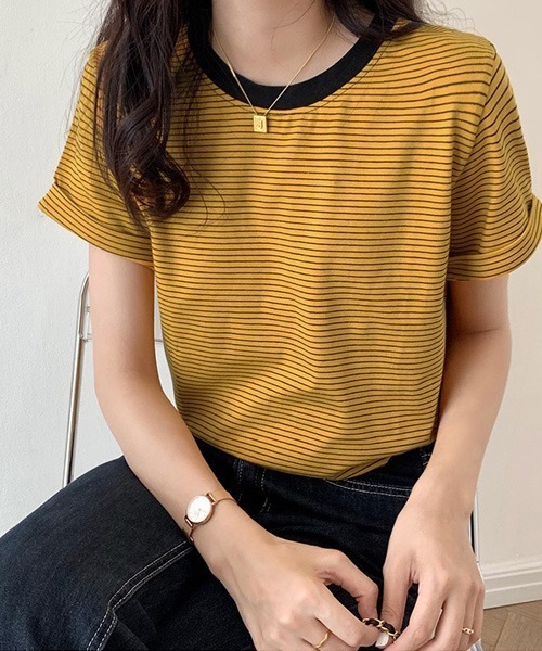 Chaco closet（チャコ クローゼット）の「ボーダーリンガーＴシャツ（Tシャツ/カットソー・レディース・ブラック/グリーン/イエロー/ブラック系・FREE）」の4枚目の写真