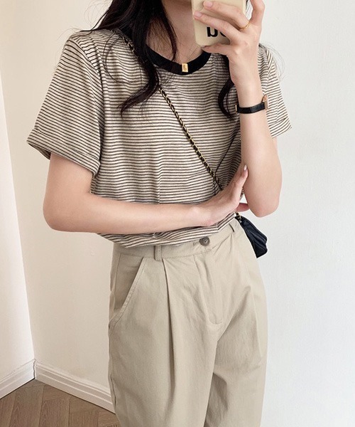 Chaco closet（チャコ クローゼット）の「ボーダーリンガーＴシャツ（Tシャツ/カットソー・レディース・ブラック/グリーン/イエロー/ブラック系・FREE）」の6枚目の写真