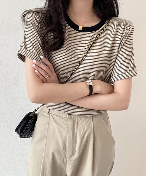 Chaco closet（チャコ クローゼット）の「ボーダーリンガーＴシャツ（Tシャツ/カットソー・レディース・ブラック/グリーン/イエロー/ブラック系・FREE）」の7枚目の写真