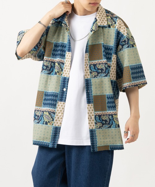 SlashDate(スラッシュデイト)の「オーバーサイズオープンカラー総柄シャツ/開襟シャツ/ビッグシルエット/レトロ(シャツ/ブラウス・メンズ・ブラック/ベージュ/ネイビー/グレー/ブルー/グリーン/ブルー系その他/ワイン・M/L/XL)」の13枚目の写真
