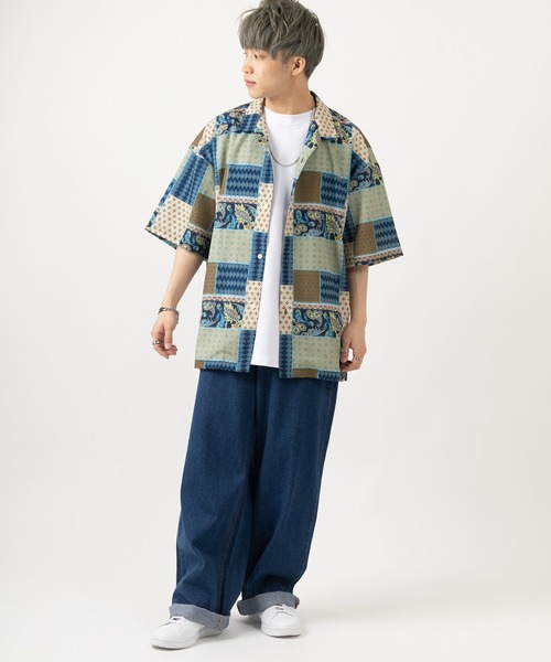 SlashDate(スラッシュデイト)の「オーバーサイズオープンカラー総柄シャツ/開襟シャツ/ビッグシルエット/レトロ(シャツ/ブラウス・メンズ・ブラック/ベージュ/ネイビー/グレー/ブルー/グリーン/ブルー系その他/ワイン・M/L/XL)」の21枚目の写真