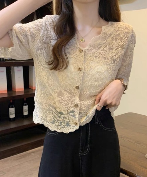 AsRiRe(アスリレイ)の「【AsRiRe】半袖ナチュラルレースショートカーディガン(カーディガン/ボレロ・レディース・ベージュ/ホワイト・M)」の8枚目の写真