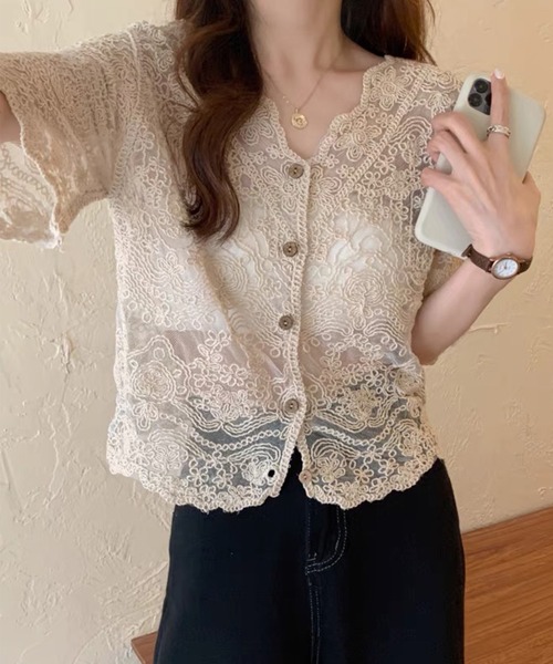 AsRiRe(アスリレイ)の「【AsRiRe】半袖ナチュラルレースショートカーディガン(カーディガン/ボレロ・レディース・ベージュ/ホワイト・M)」の6枚目の写真