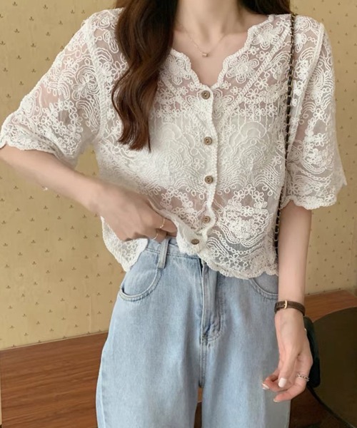 AsRiRe(アスリレイ)の「【AsRiRe】半袖ナチュラルレースショートカーディガン(カーディガン/ボレロ・レディース・ベージュ/ホワイト・M)」の16枚目の写真