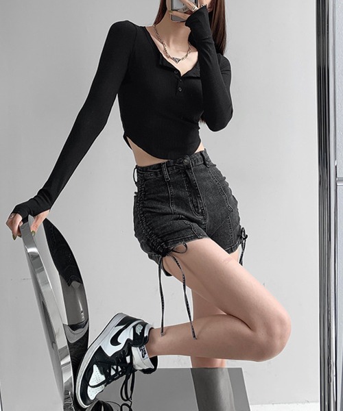 meJane（ミージェーン）の「ヘンリ―ネッククロップドカットソー（Tシャツ/カットソー・レディース・ブラック/グレー/ホワイト・FREE）」の9枚目の写真