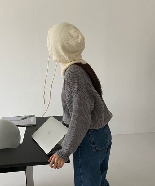 me+em select(ミームセレクト)の「※【 7色展開 】フード紐ニットフーディバラクラバ(ニットキャップ/ビーニー・レディース・ブラック/グリーン/アイボリー/ピンク/ブルー/ホワイト/パープル・FREE)」の17枚目の写真
