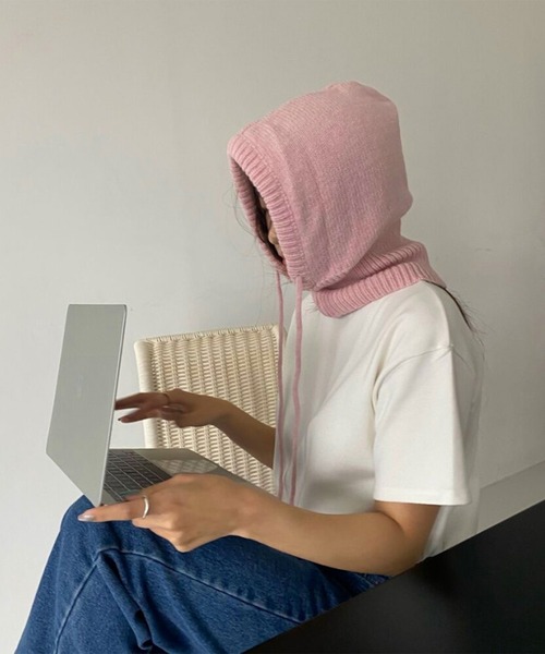 me+em select(ミームセレクト)の「※【 7色展開 】フード紐ニットフーディバラクラバ(ニットキャップ/ビーニー・レディース・ブラック/グリーン/アイボリー/ピンク/ブルー/ホワイト/パープル・FREE)」の18枚目の写真