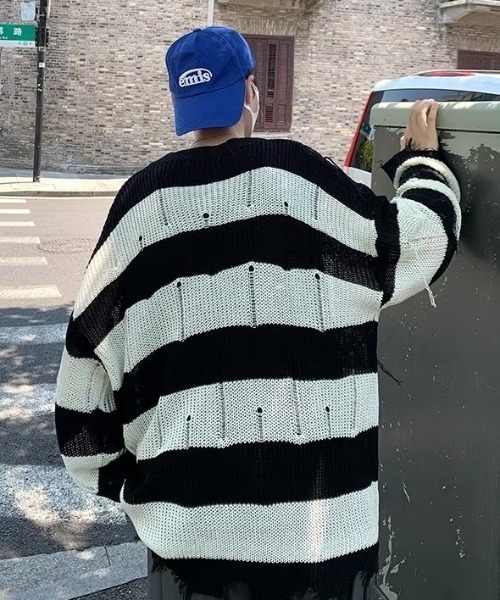 ダメージ加工 ボーダー ニット バイカラー ストリート 韓国 n351 ワンフォークロージング 1111clothing ◇モヘアライク ボーダー