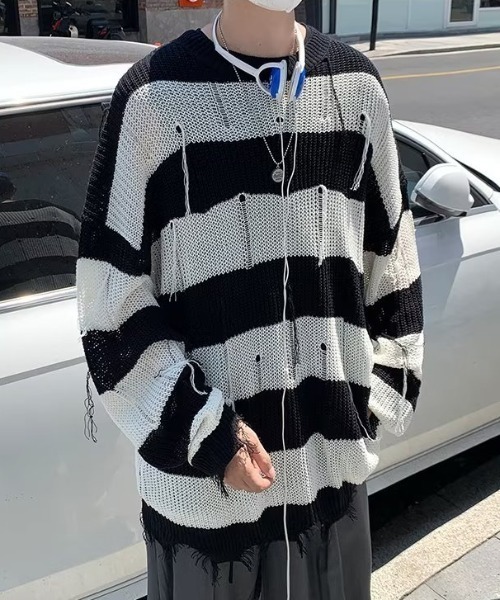 MGV(エムジーヴィー)の「ボーダーダメージニット(ニット/セーター・メンズ・ホワイト・X-LARGE/LARGE/MEDIUM)」の10枚目の写真