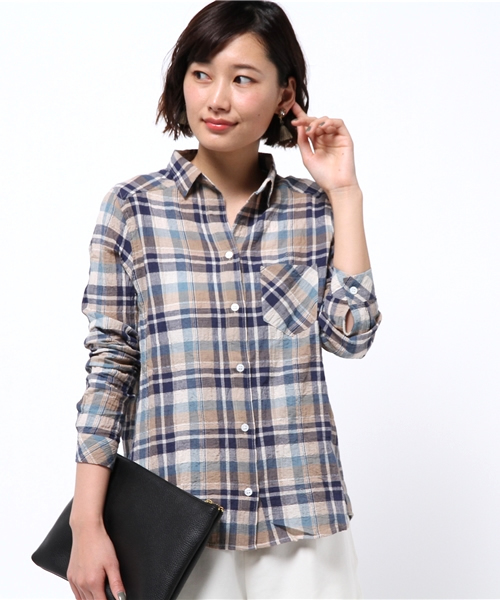 DISCOAT(ディスコート)の「【Discoat】綿麻シャーリングチェックスキッパーシャツ(シャツ/ブラウス・レディース・オフホワイト/ネイビー/ベージュ・LARGE/MEDIUM)」の1枚目の写真