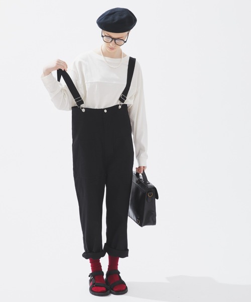 EDIT Gris（エディットグリ）の「【どんなトップスとも合わせやすい！】ポケット付きコットンツイルサロペット（サロペット/オーバーオール・レディース・ブラック/ナチュラル・FREE）」の7枚目の写真