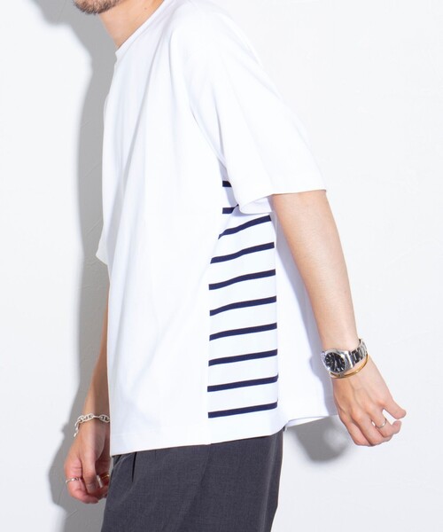 GLOSTER(グロスター)の「【GLOSTER/グロスター】サイドボーダーTシャツ 切り替え(Tシャツ/カットソー・メンズ・ホワイト/ネイビー/サックスブルー・M/L/S)」の2枚目の写真