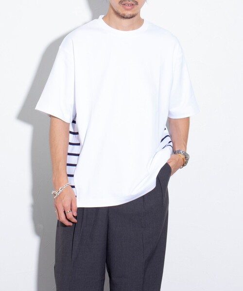 GLOSTER(グロスター)の「【GLOSTER/グロスター】サイドボーダーTシャツ 切り替え(Tシャツ/カットソー・メンズ・ホワイト/ネイビー/サックスブルー・M/L/S)」の8枚目の写真