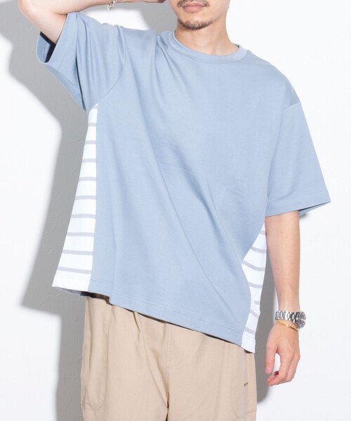 GLOSTER(グロスター)の「【GLOSTER/グロスター】サイドボーダーTシャツ 切り替え(Tシャツ/カットソー・メンズ・ホワイト/ネイビー/サックスブルー・M/L/S)」の1枚目の写真