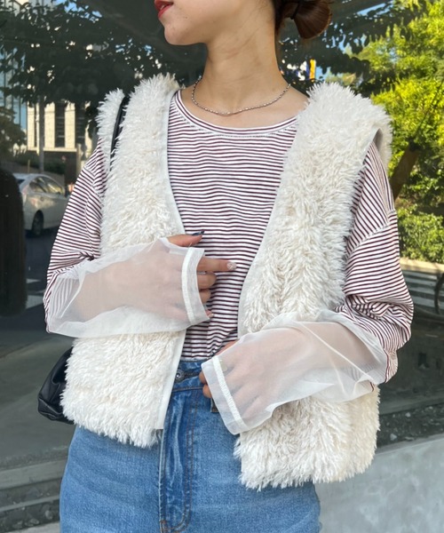 CIAOPANIC TYPY(チャオパニックティピー)の「【新色追加】シアーボーダー袖切替チュールTEE(Tシャツ/カットソー・レディース・カーキ/ネイビー/アイボリー/バーガンディー/ブラック/グレー・ONE SIZE)」の6枚目の写真