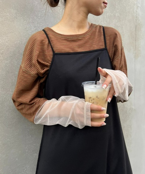 CIAOPANIC TYPY(チャオパニックティピー)の「【新色追加】シアーボーダー袖切替チュールTEE(Tシャツ/カットソー・レディース・カーキ/ネイビー/アイボリー/バーガンディー/ブラック/グレー・ONE SIZE)」の4枚目の写真