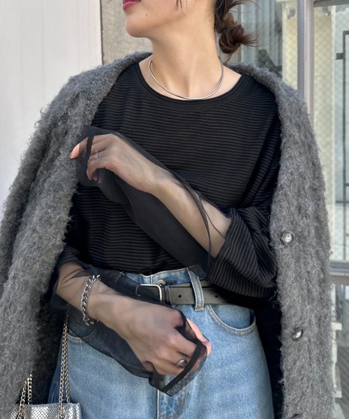 CIAOPANIC TYPY(チャオパニックティピー)の「【新色追加】シアーボーダー袖切替チュールTEE(Tシャツ/カットソー・レディース・カーキ/ネイビー/アイボリー/バーガンディー/ブラック/グレー・ONE SIZE)」の3枚目の写真