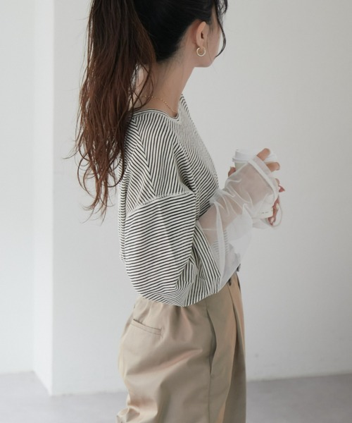 CIAOPANIC TYPY(チャオパニックティピー)の「【新色追加】シアーボーダー袖切替チュールTEE(Tシャツ/カットソー・レディース・カーキ/ネイビー/アイボリー/バーガンディー/ブラック/グレー・ONE SIZE)」の10枚目の写真