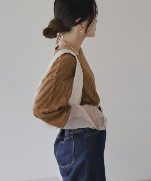 CIAOPANIC TYPY(チャオパニックティピー)の「【新色追加】シアーボーダー袖切替チュールTEE(Tシャツ/カットソー・レディース・カーキ/ネイビー/アイボリー/バーガンディー/ブラック/グレー・ONE SIZE)」の19枚目の写真