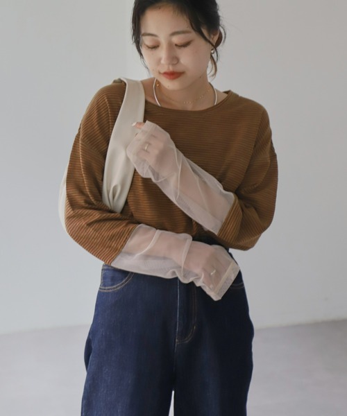 CIAOPANIC TYPY(チャオパニックティピー)の「【新色追加】シアーボーダー袖切替チュールTEE(Tシャツ/カットソー・レディース・カーキ/ネイビー/アイボリー/バーガンディー/ブラック/グレー・ONE SIZE)」の16枚目の写真