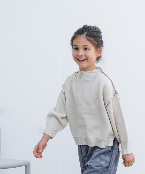 pairmanon（ペアマノン）の「【ママとおそろい】モックネック ハンドステッチ ニット（ニット/セーター・キッズ・アイボリー/モカ/ブルー・S/L/XS/M）」の2枚目の写真