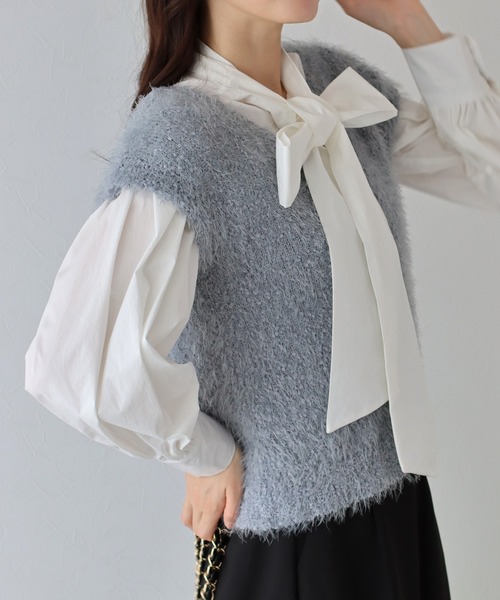 BLUEEAST（ブルーイースト）の「ぽこぽこVネックシャギーニットベスト（ベスト・レディース・グレー/ブラック/オフホワイト・MEDIUM）」の20枚目の写真