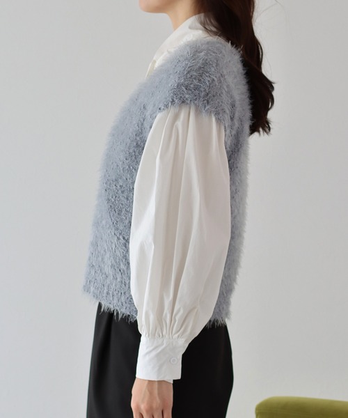 BLUEEAST（ブルーイースト）の「ぽこぽこVネックシャギーニットベスト（ベスト・レディース・グレー/ブラック/オフホワイト・MEDIUM）」の8枚目の写真