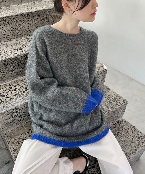 feepur（フェピュール）の「【ハンドウォッシャブル】ウール混バイカラー起毛オーバーニット（ニット/セーター・レディース・ネイビー/オフホワイト/グレー・MEDIUM）」の7枚目の写真