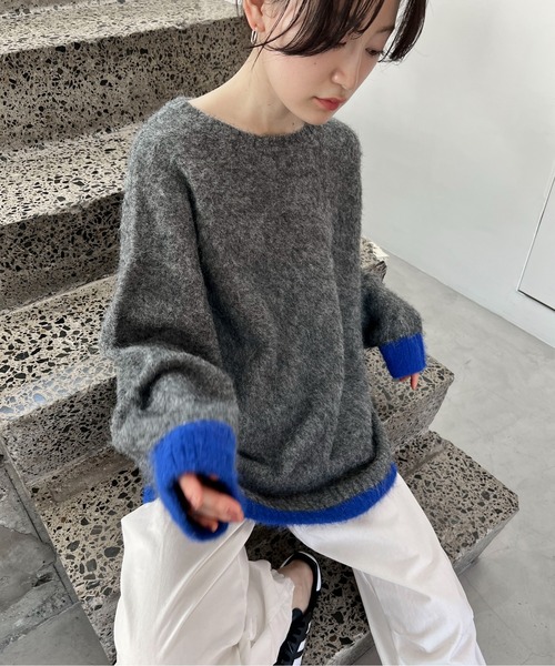 feepur（フェピュール）の「【ハンドウォッシャブル】ウール混バイカラー起毛オーバーニット（ニット/セーター・レディース・ネイビー/オフホワイト/グレー・MEDIUM）」の8枚目の写真