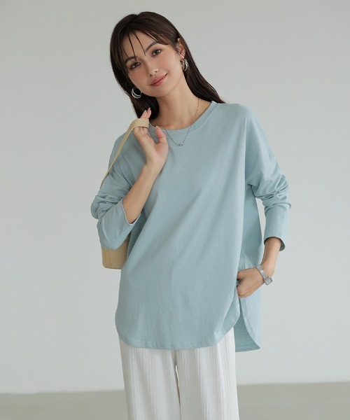 COCOMOMO(ココモモ)の「コットン100% ラウンドヘムドロップショルダーTシャツ(Tシャツ/カットソー・レディース・ホワイト/ブラック/スカイブルー・L/M)」の5枚目の写真