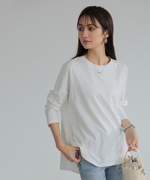 COCOMOMO(ココモモ)の「コットン100% ラウンドヘムドロップショルダーTシャツ(Tシャツ/カットソー・レディース・ホワイト/ブラック/スカイブルー・L/M)」の18枚目の写真