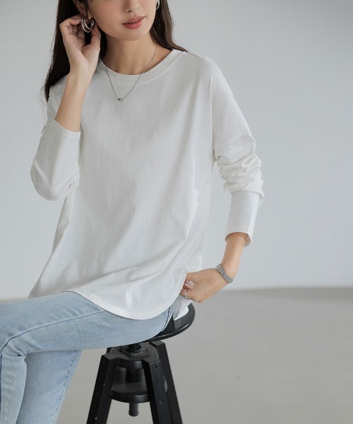 COCOMOMO(ココモモ)の「コットン100% ラウンドヘムドロップショルダーTシャツ(Tシャツ/カットソー・レディース・ホワイト/ブラック/スカイブルー・L/M)」の19枚目の写真