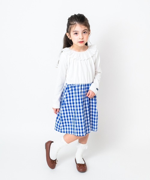 Moujonjon（ムージョンジョン）の「レース衿切替ワンピース（ワンピース・キッズ・ネイビー/ホワイト・90/100/110/120/130/80/140）」の5枚目の写真