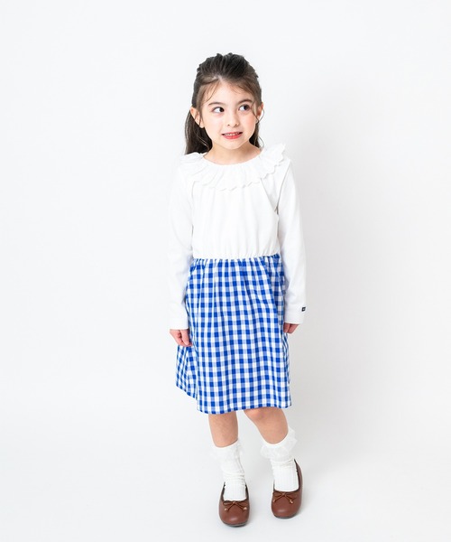Moujonjon（ムージョンジョン）の「レース衿切替ワンピース（ワンピース・キッズ・ネイビー/ホワイト・90/100/110/120/130/80/140）」の6枚目の写真
