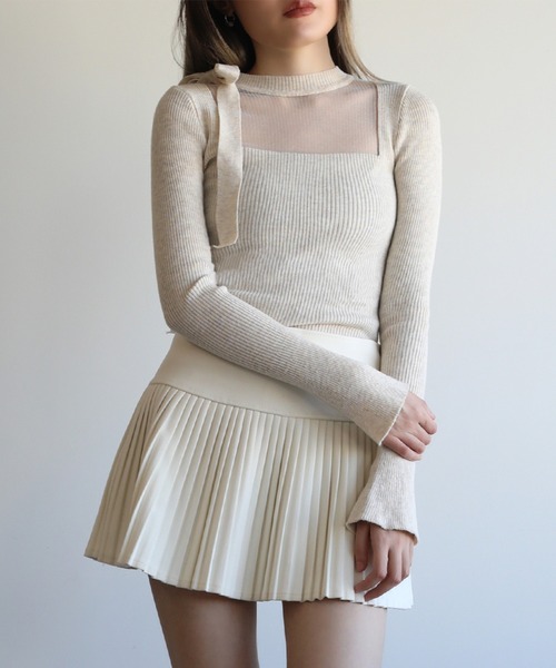 Jasmine Grandiflorum(ジャスミングランディフローラム)の「【Jasmine】リボンネックリブニットトップス(ニット/セーター・レディース・ベージュ/ピンク/ブラック/チョコ・FREE)」の4枚目の写真