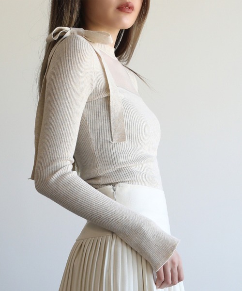 Jasmine Grandiflorum(ジャスミングランディフローラム)の「【Jasmine】リボンネックリブニットトップス(ニット/セーター・レディース・ベージュ/ピンク/ブラック/チョコ・FREE)」の21枚目の写真